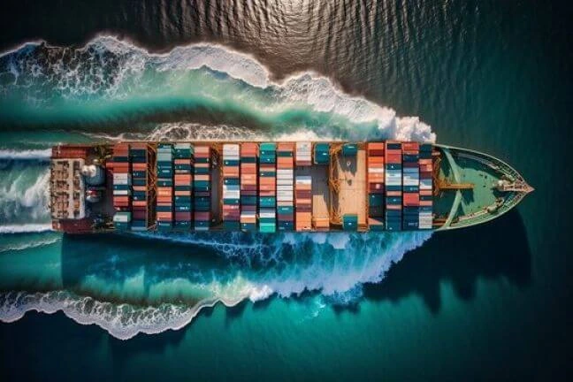Umělecká fotografie kontejnerové nákladní logi plující s kontejnery pohled shora krásné modré moře. kontejnerová námořní doprava