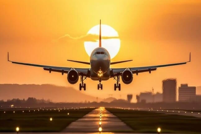 Velké přistávající letadlo při západu slunce. Foceno ze předu v pozadí žluté slunce jež překrývá letadlo. letecká doprava